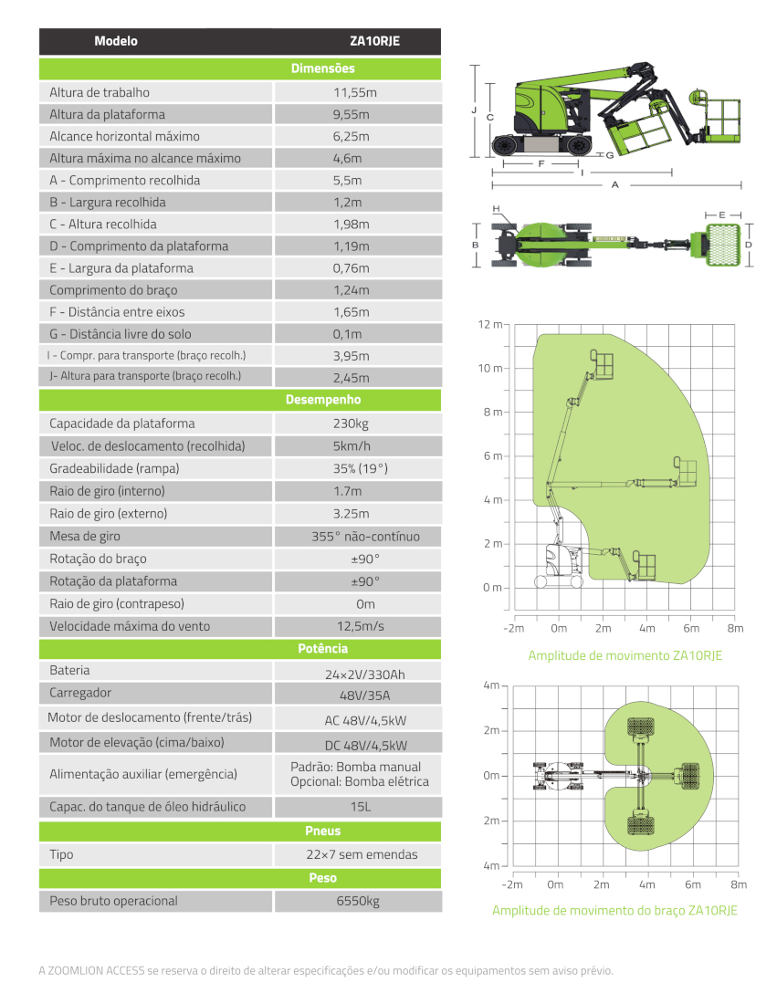 características da plataforma elevatoria articulada ZOOMLION ZA10RJE